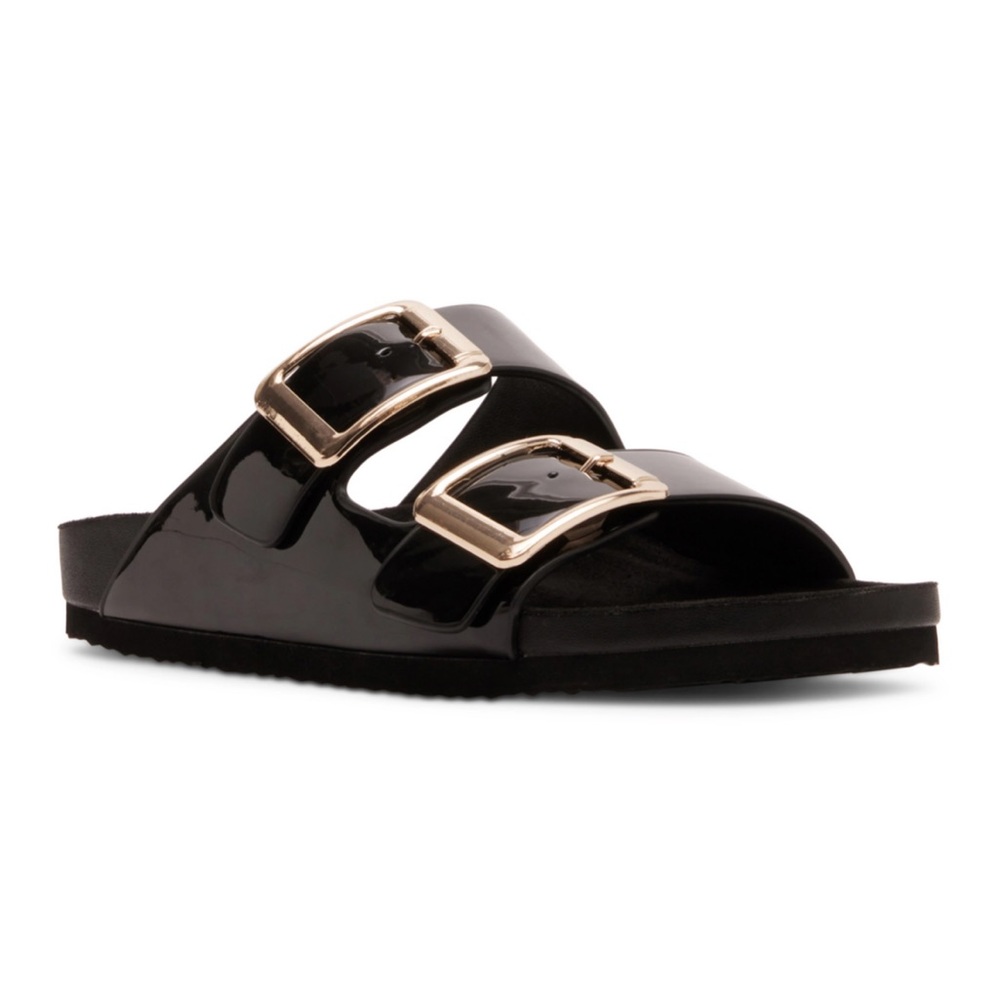 Madden Girl Black Slide Sandals with Gold Buckles